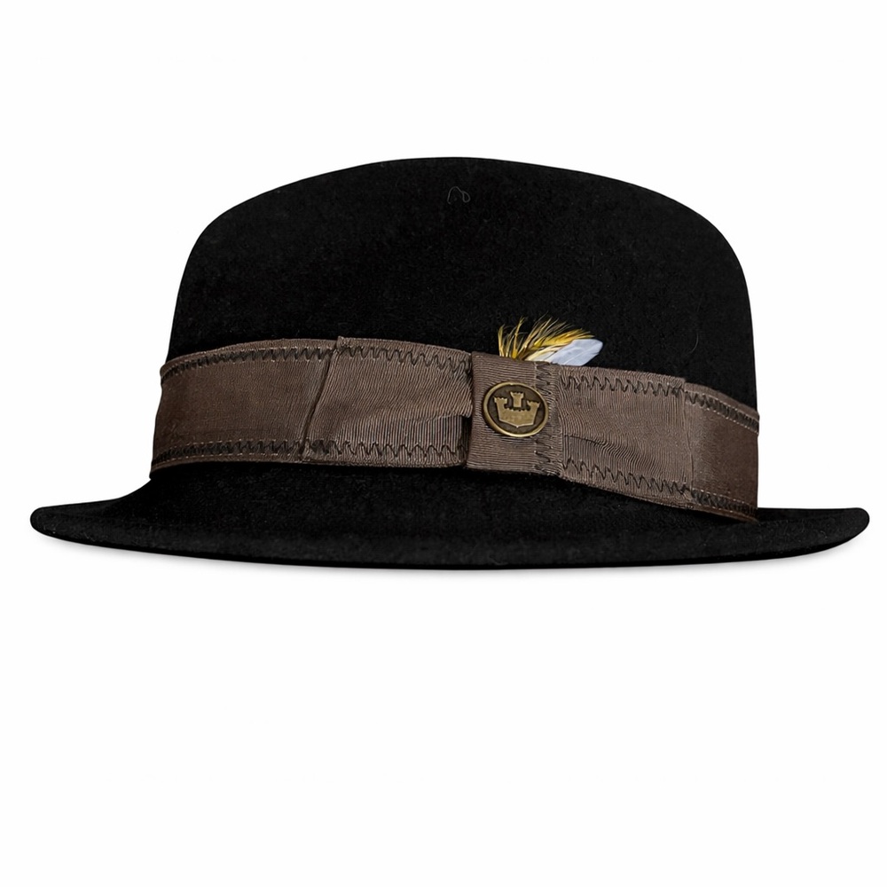 Vintage Goorin Bros Black Felt Hat with Brown Trim and Gold Logo